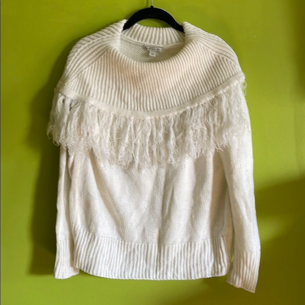 Cato White Fringe Cable Knit On/Off The Shoulder Long Sleeve Sweater Size L